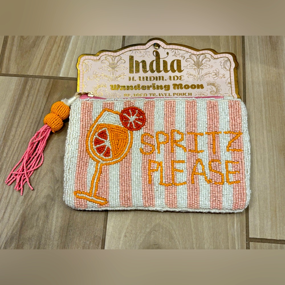 NWT Wandering Moon “Spritz Please” Beaded Pouch with Pink and White stripes